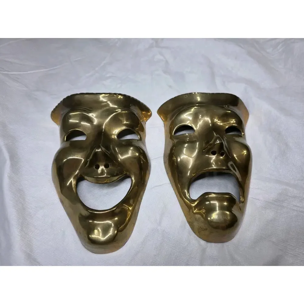 Vintage Solid Brass Wall Hanging Drama Theatre Style Face Masks Happy & Sad Pier